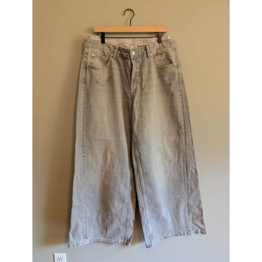 Y2K Zara Mens Wide Leg Double Waistband Boxer Jeans Grey Light Wash Baggy 32
